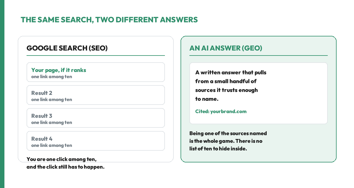 The same search produces two different outcomes: a Google results page where you are one link among ten and the click still has to happen, versus a written answer that names a small handful of sources, where being named is the whole result.