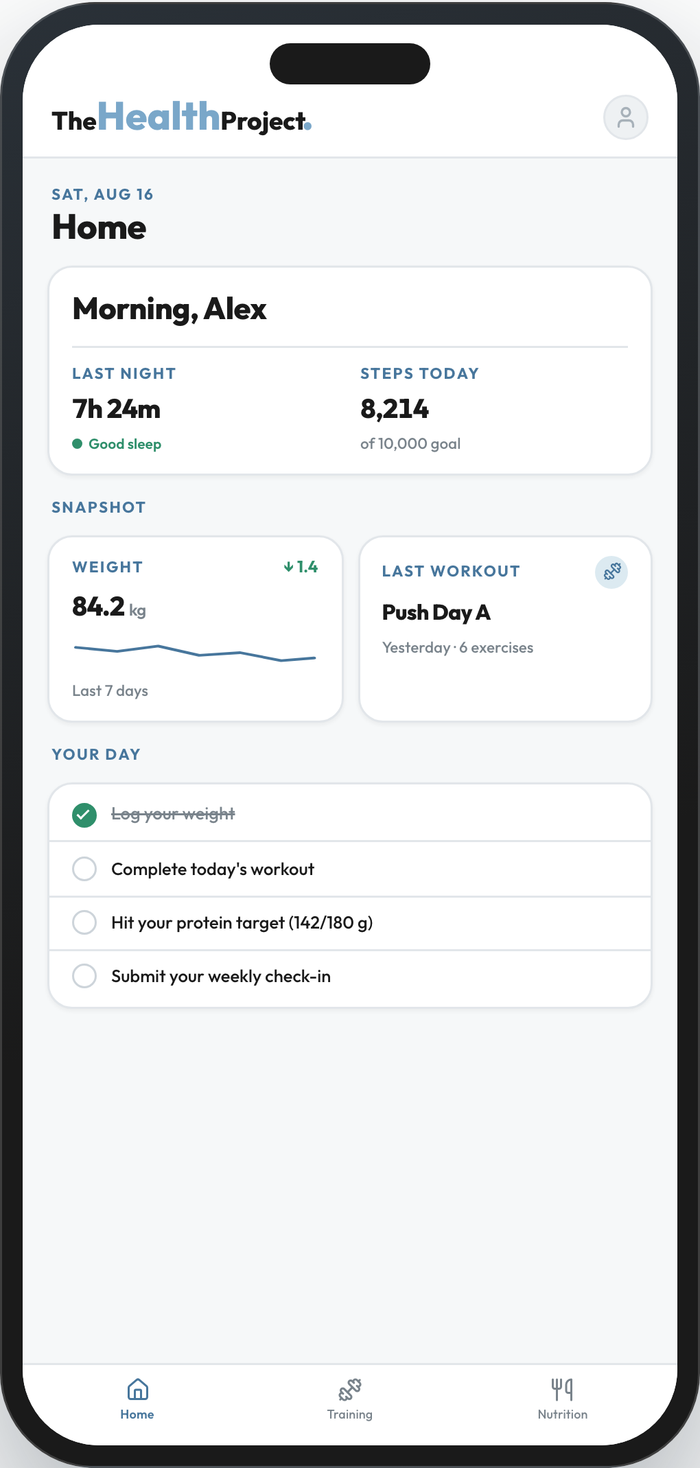 The Health Project app, Home screen on a phone