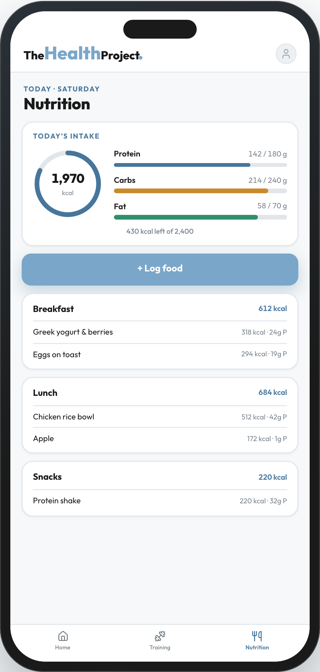 The Health Project app, Nutrition screen