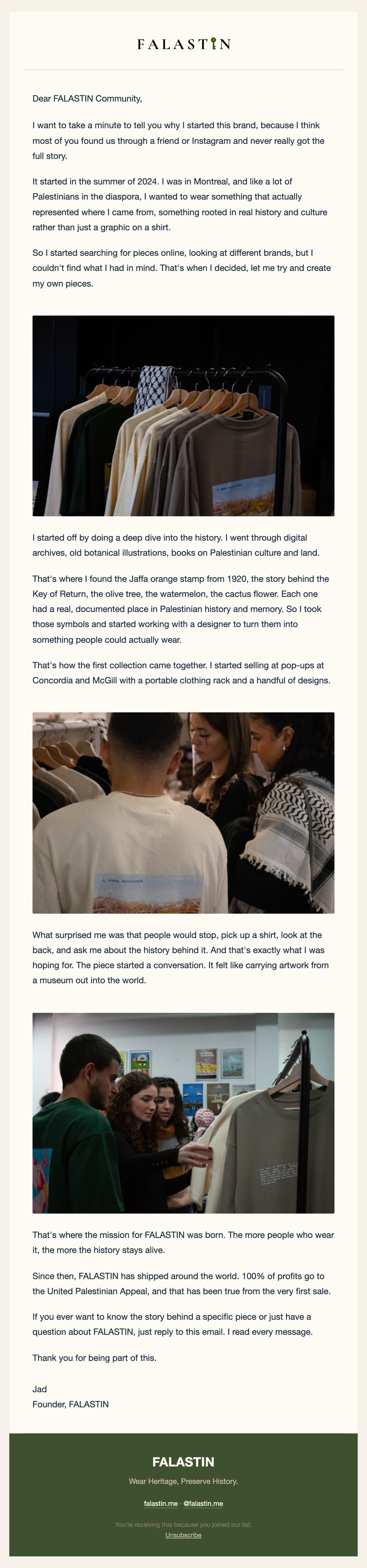 FALASTIN founder story email shown at phone width