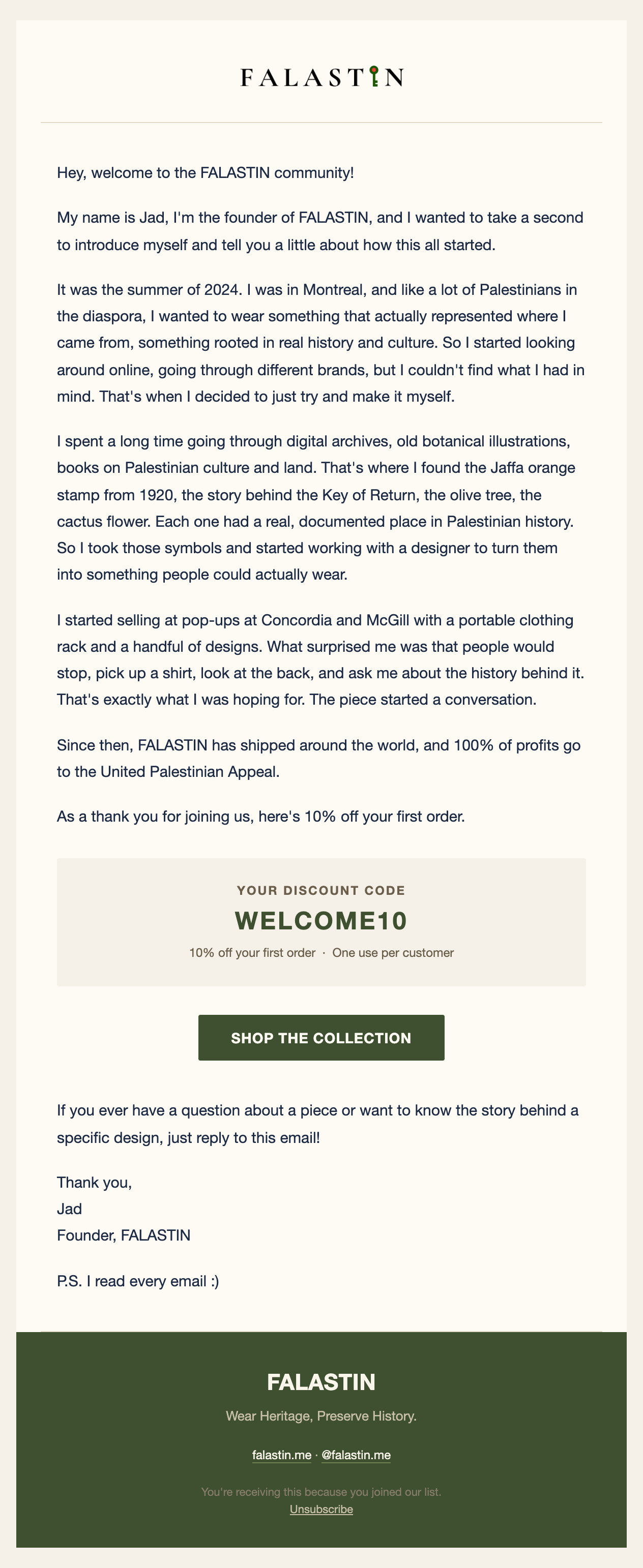 FALASTIN welcome email design