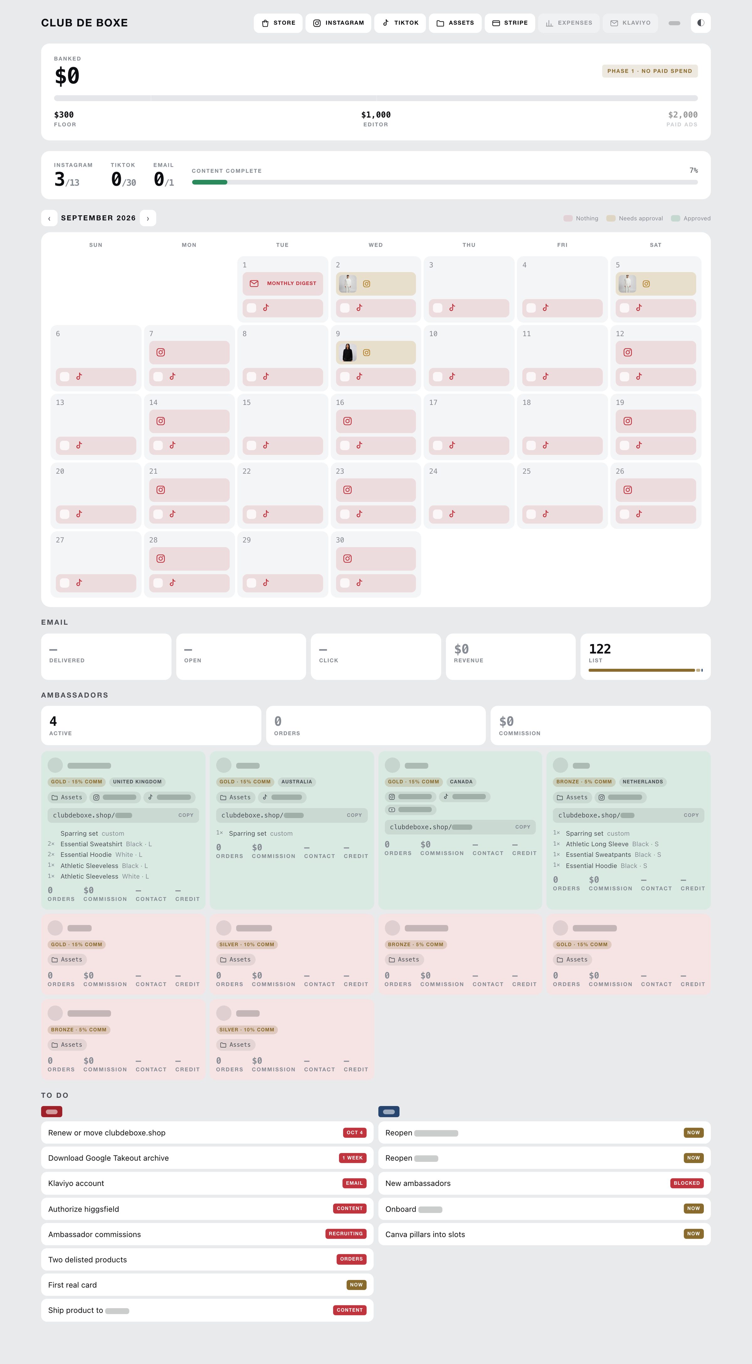 The live Club De Boxe board: content counts against the month's targets, and the September rotation calendar with each slot's platform and a posted checkbox. Names and handles masked for privacy.