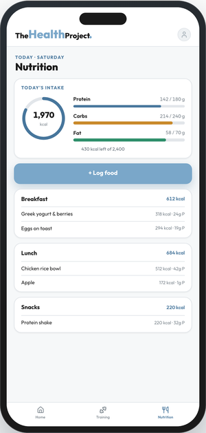 The Health Project app, nutrition screen